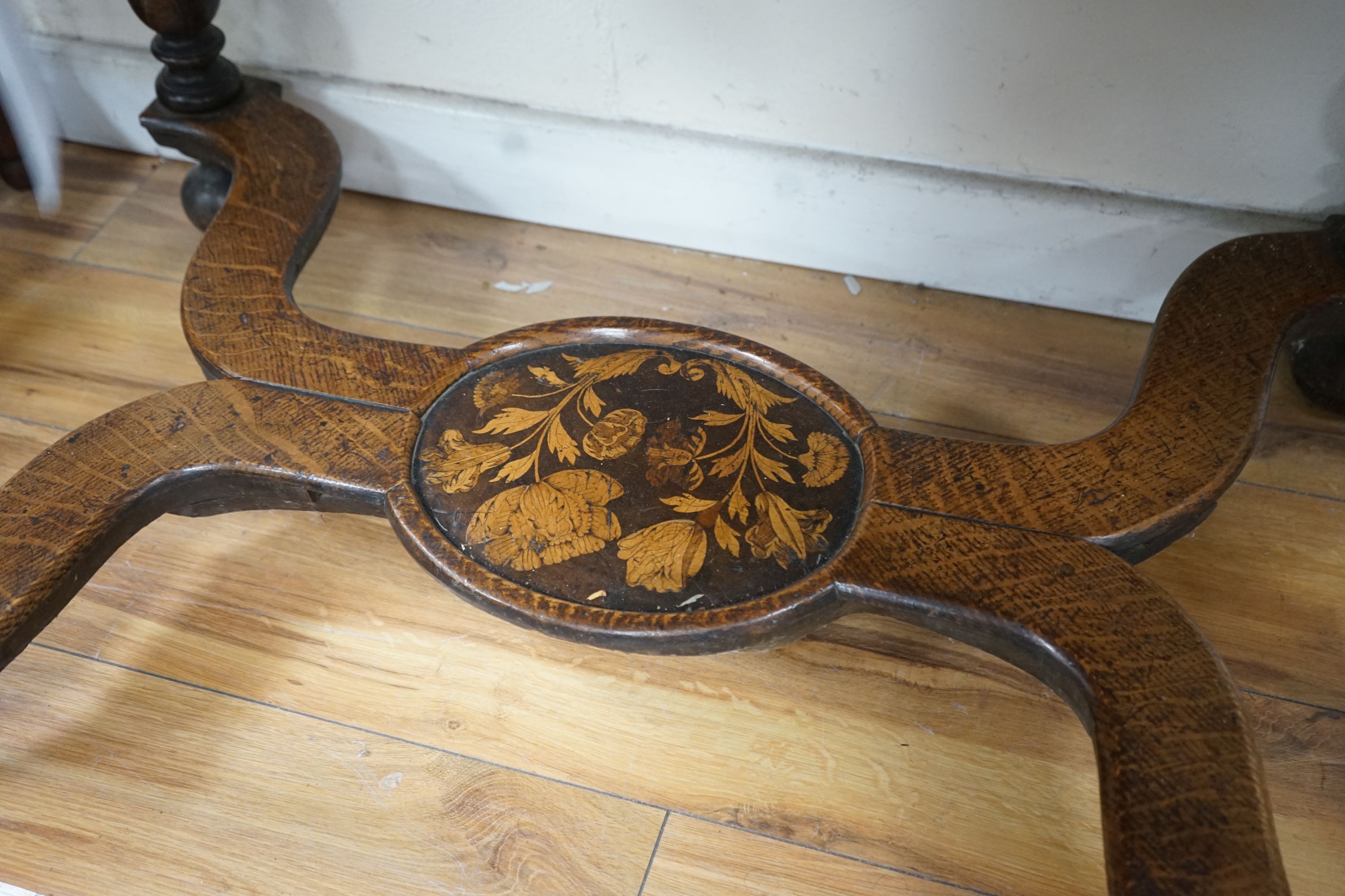 An 18th century marquetry inlaid oak and walnut side table, width 93cm, depth 63cm, height 75cm